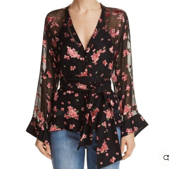 Alice + Olivia Silk Rosario Tie-Waist Sheer Burnout Button Up Kimono Blouse - Picture 1 of 16